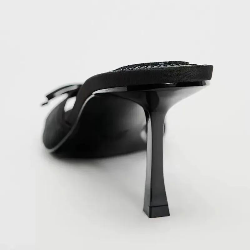 Summer Women's Sandals Bow Decorated Sexy Black Mesh Peep Toe High Heeled  Ladies Party Shoes Elegant Slingback Stilettos