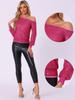 Allegra K Women's Off-the-Shoulder Sequin Blouse with Elastic Cuffs, Long Sleeve, Hot Pink, Size M