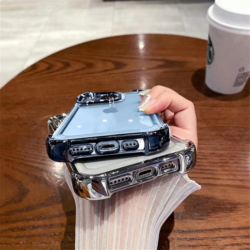 Purple Plating Clear Shockproof Phone Case For iPhone 14 13 12 15 16 Pro Max Plus XS XR X Hard Acrylic Four Corner Anti-Shock Cover