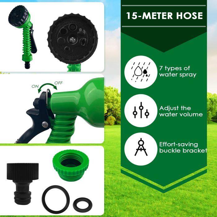 Tuyau d'arrosage extensible 15 m AIMOONSA – 7 modes, flexible anti-torsion, diamètre 10 mm