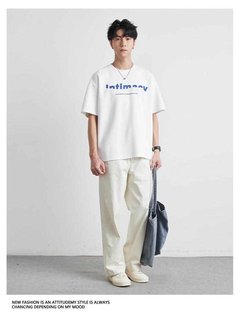 Yizhi Men's Summer 2025 European & American Heavyweight Letter Print Short-Sleeved T-Shirt