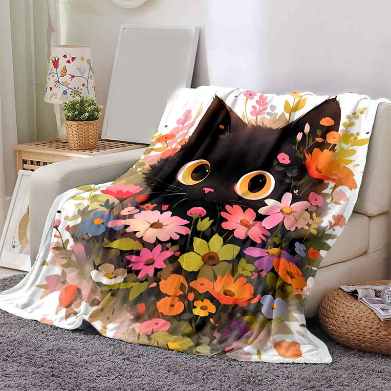 1pc Flower Black Cat Blanket  Seasonal Universal Home Decorative for Room, Gift Idea, Living Room, Travel, Camping, Car Blankets