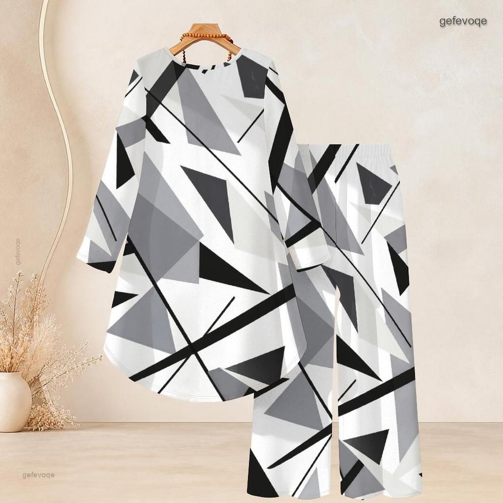 Women Plus Size Round Neck Long Sleeve Printed High Low Top Wide Leg Pants Two Piece Set