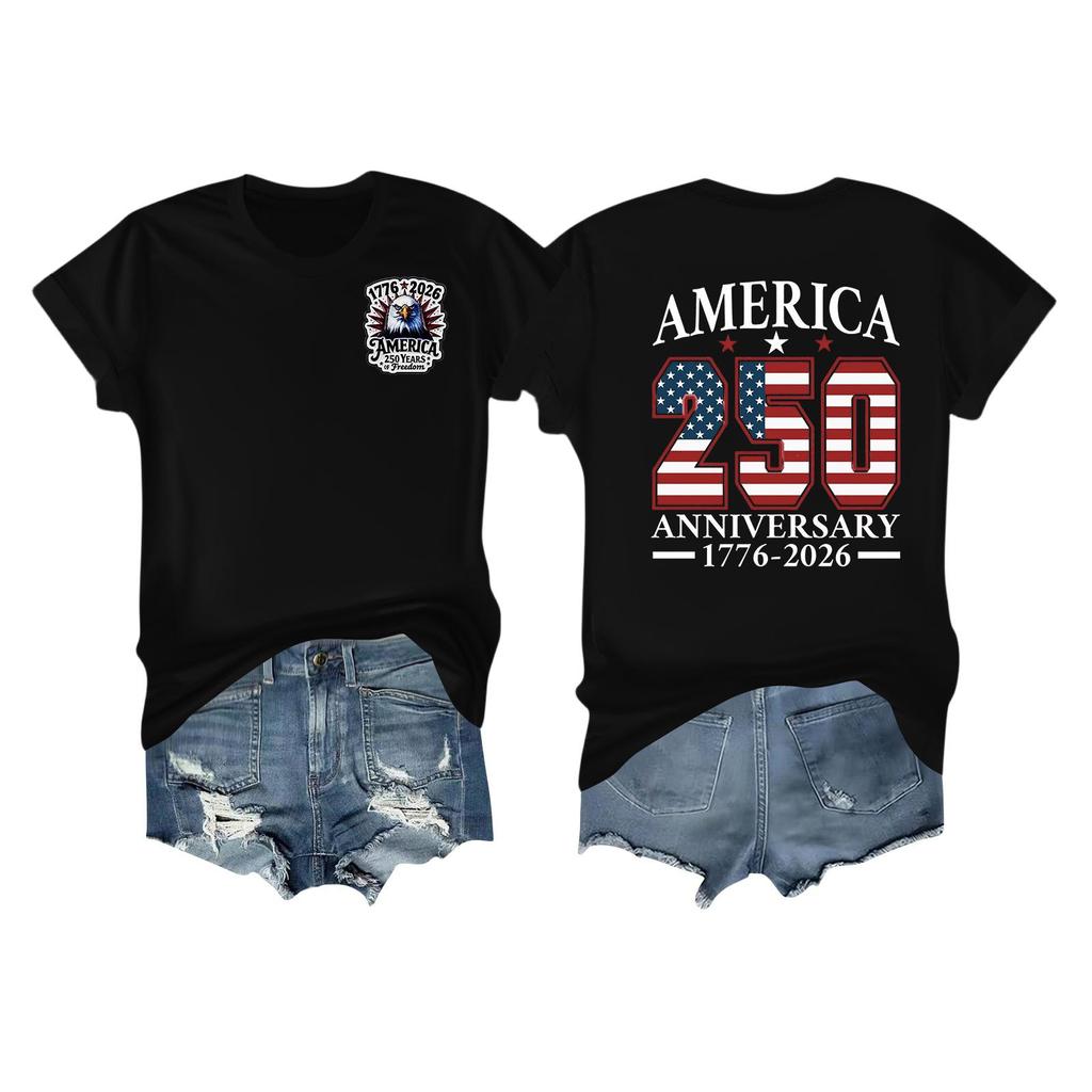 Women's Casual Independence Day 250 Anniversary Printed T-shirt Round Neck Pullover Short Sleeve Top