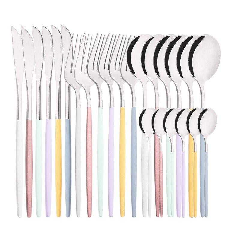 6Set/24Pcs Haze Blue Dinnerware Cutlery Set Western Stainless Steel Gold Tableware Knife Fork Spoon Flatware Kitchen Silverware