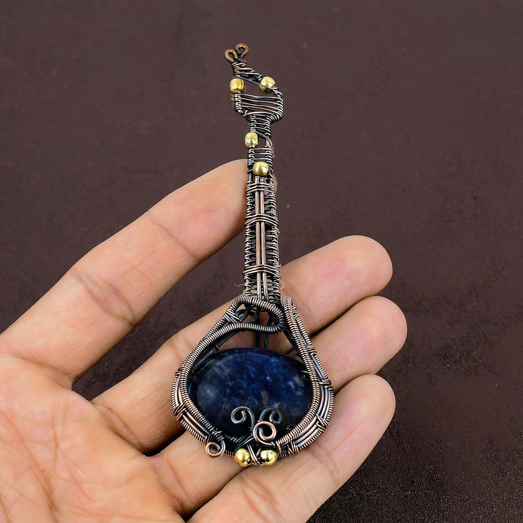 Chitară Sodalit Lucrat Manual Înfășurat cu Sârmă de Cupru Bijuterie Pandantiv 4.53" j0S64