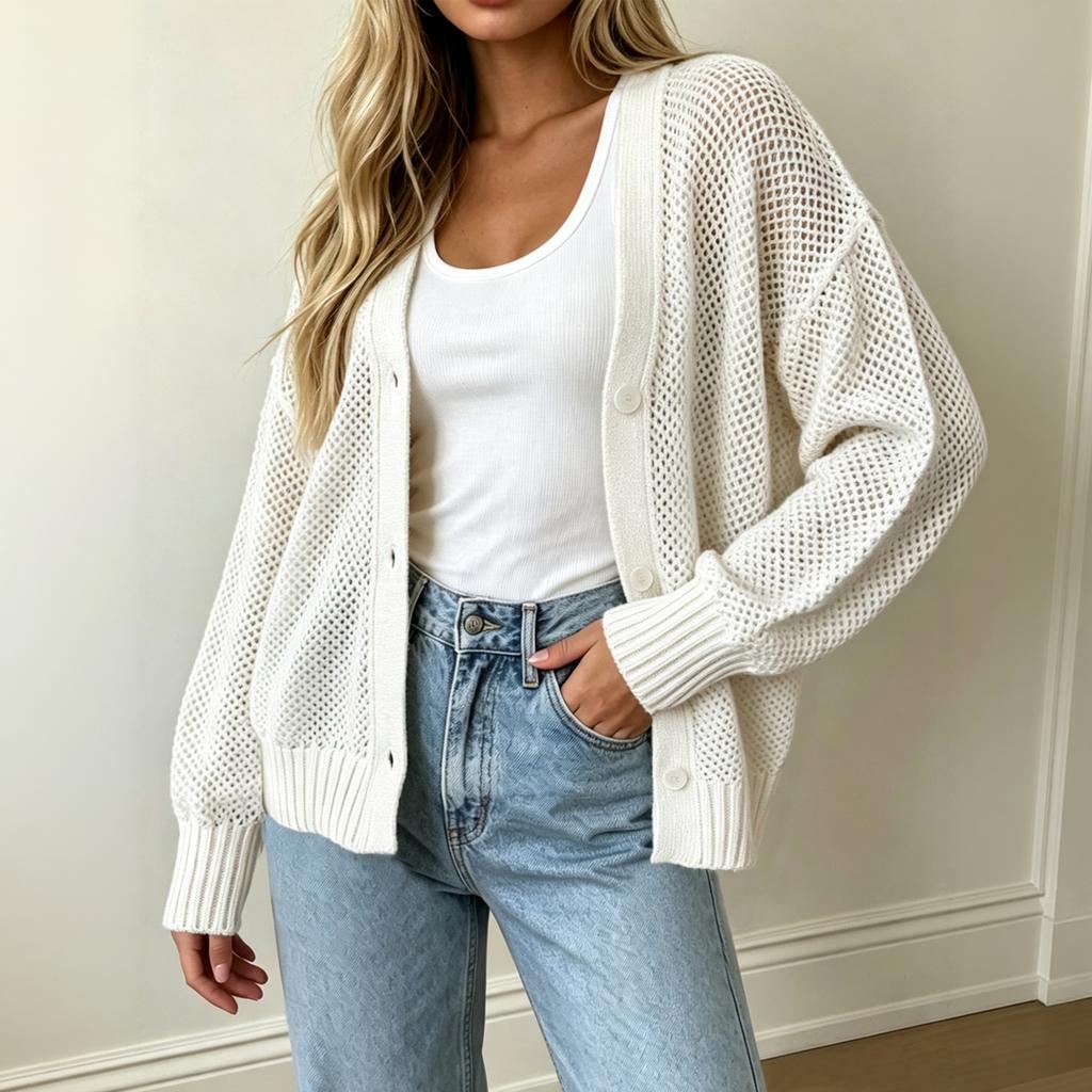 Women's Openwork Knit Button Down Cardigan Sweater for Casual Everyday Wear