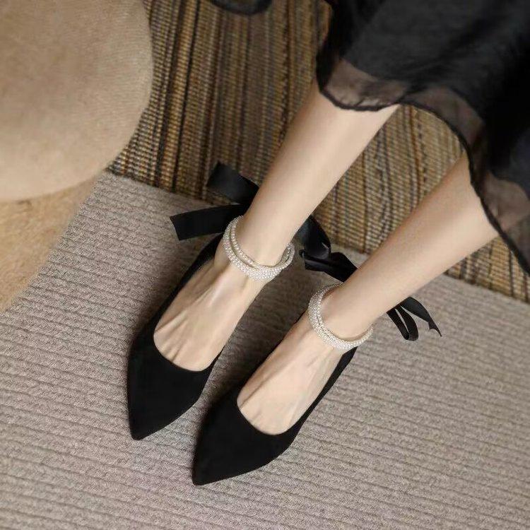French niche with skirt straps pearl high heels thick heel autumn Shu temperament dress black mid-heel shoes