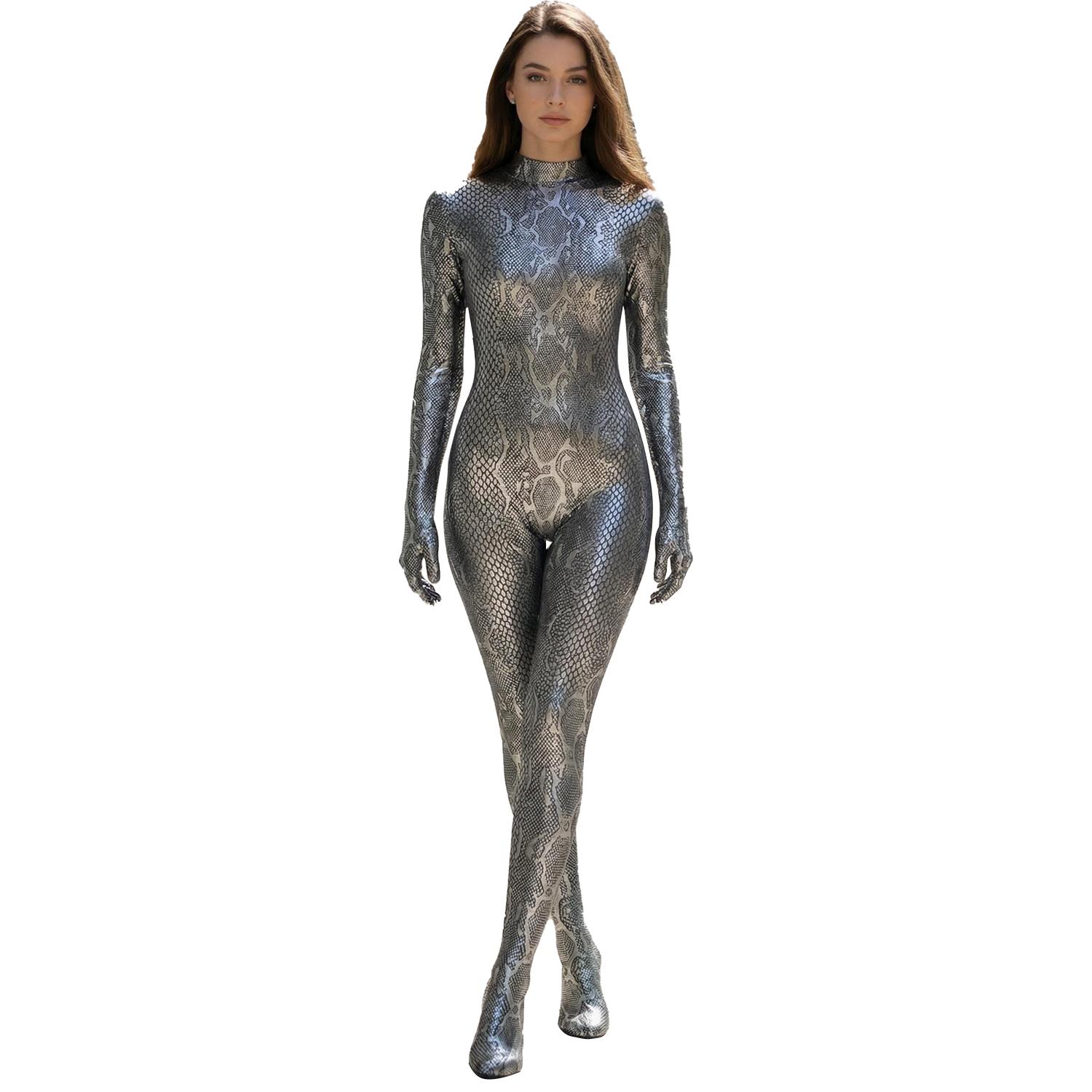 Women Shiny Metallic Leopard Snakeskin Zentai Bodysuit High Stretch Lycra Sexy Cosplay Costume Yoga Swimwear S