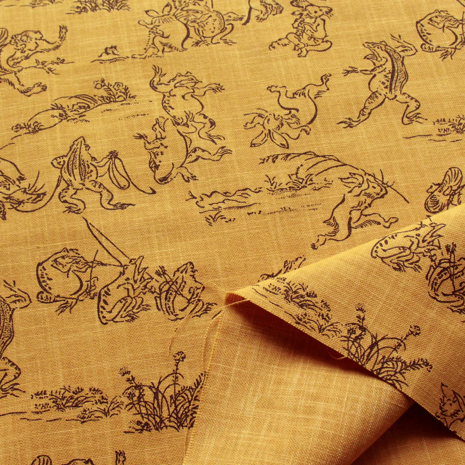 Nippon Chuko Choju Giga Irregular Indigo Dyed Print Mustard Green with Black 110cm 2m (Choju Giga) Fabric, Lines, Approx. Wide, Cut, KW7070-7J-2M