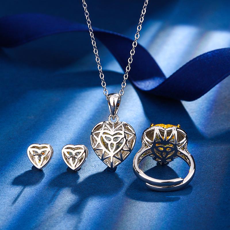 Heart-Shaped Ice Flower Cut Yellow Diamond Jewelry Set in Copper - 10*10-6*6 High Carbon Diamond for Autumn/Winter.
