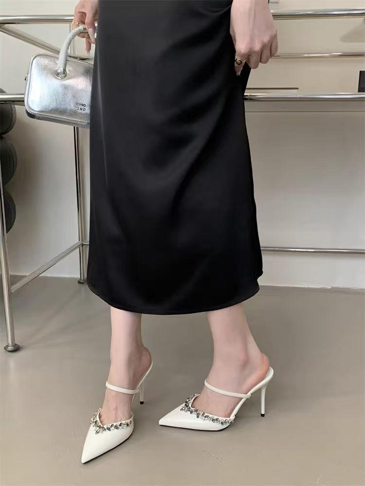 Apricot Pointed Rhinestone High Heels Women's 2025 New Thin Heels Wear One-word Sandals Wear Sandals Women's Shoes