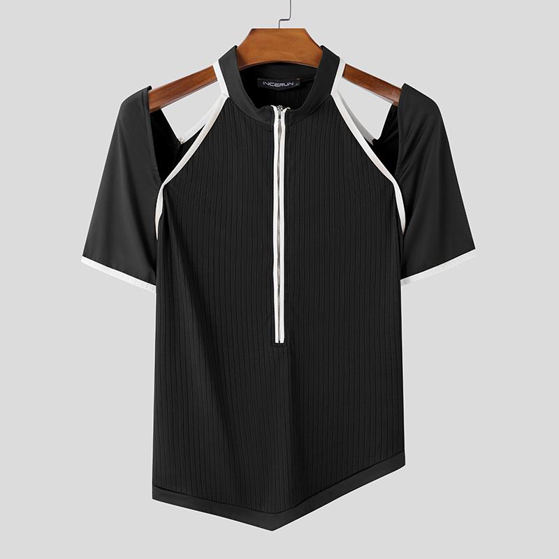 

INCERUN Летние мужские футболки с вырезом и коротким рукавом, с застежкой-молнией, в рубчик, повседневные, тонкие, топы XL чёрный