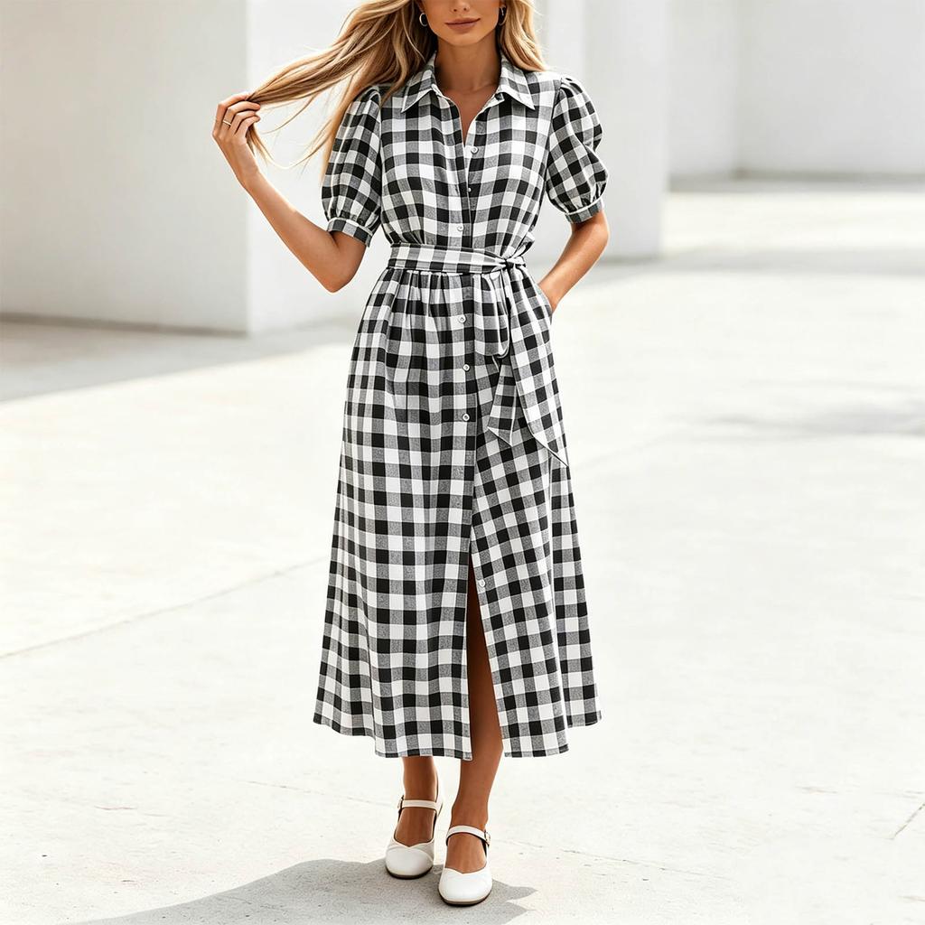 Women Casual Shirt Dress Midi Length Button Front Dress with Belted Waist and Short Sleeve Turn Down Collar Plaid Pattern