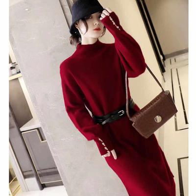 Knitted Dress Women's Autumn and Winter Lantern Sleeves Temperament Socialite New Belt Waist Half Turtleneck Sweater Long Dress