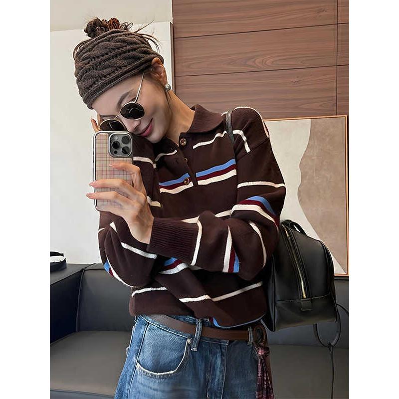 Premium contrasting striped knitted sweater temperament polo collar niche sweater women's autumn and winter new retro long-sleeved top