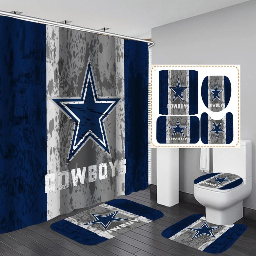 White Navy Blue American Football Shower Curtain Set,Modern Texas Star Rugby Athlete Helmet Sports Bathroom Set Non-Slip Mat Rug