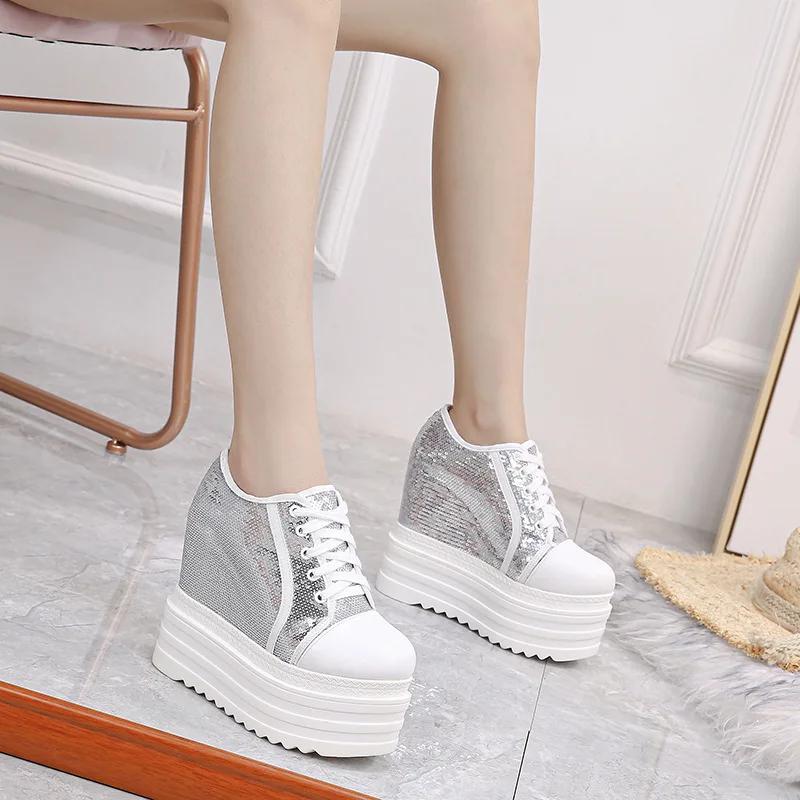 Fashion Autumn Women High Platform Shoes Height Increasing Casual Shoes 14 CM Thick Sole Trainers Breathable Shoes Women Sneakers