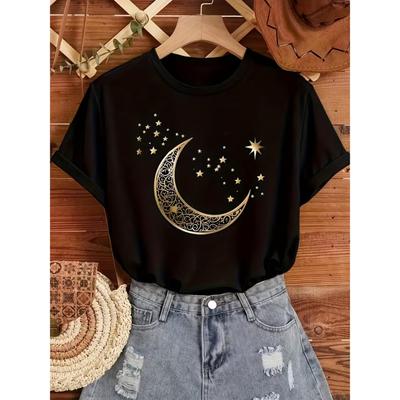 Moon Print Round Neck T-Shirt, Spring Summer Casual Short Sleeve Top, Women'S Clothing