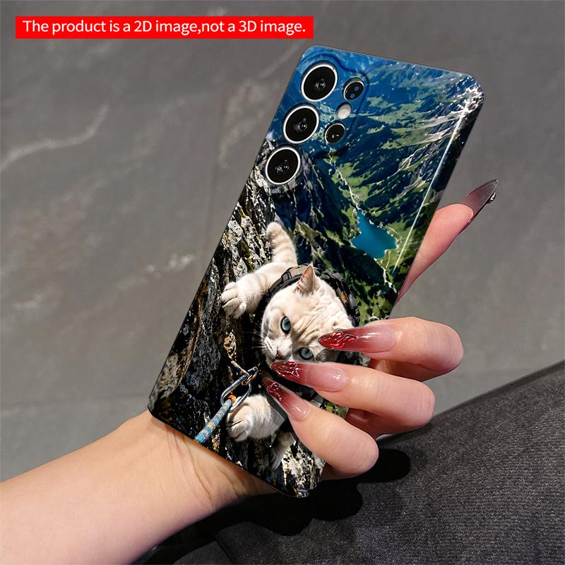 2DFlat Samsung Phone Case Climbing Cat with Harness On Mountain Peak Applicable To Galaxy S22 S23 S24 S25ULTRA S26 A12 A13 A14 A15 A16