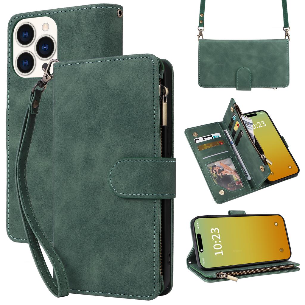 For iPhone 15 Pro Case Zipper Multi-Pocket Wallet Leather Phone Cover with Shoulder and Wrist Straps