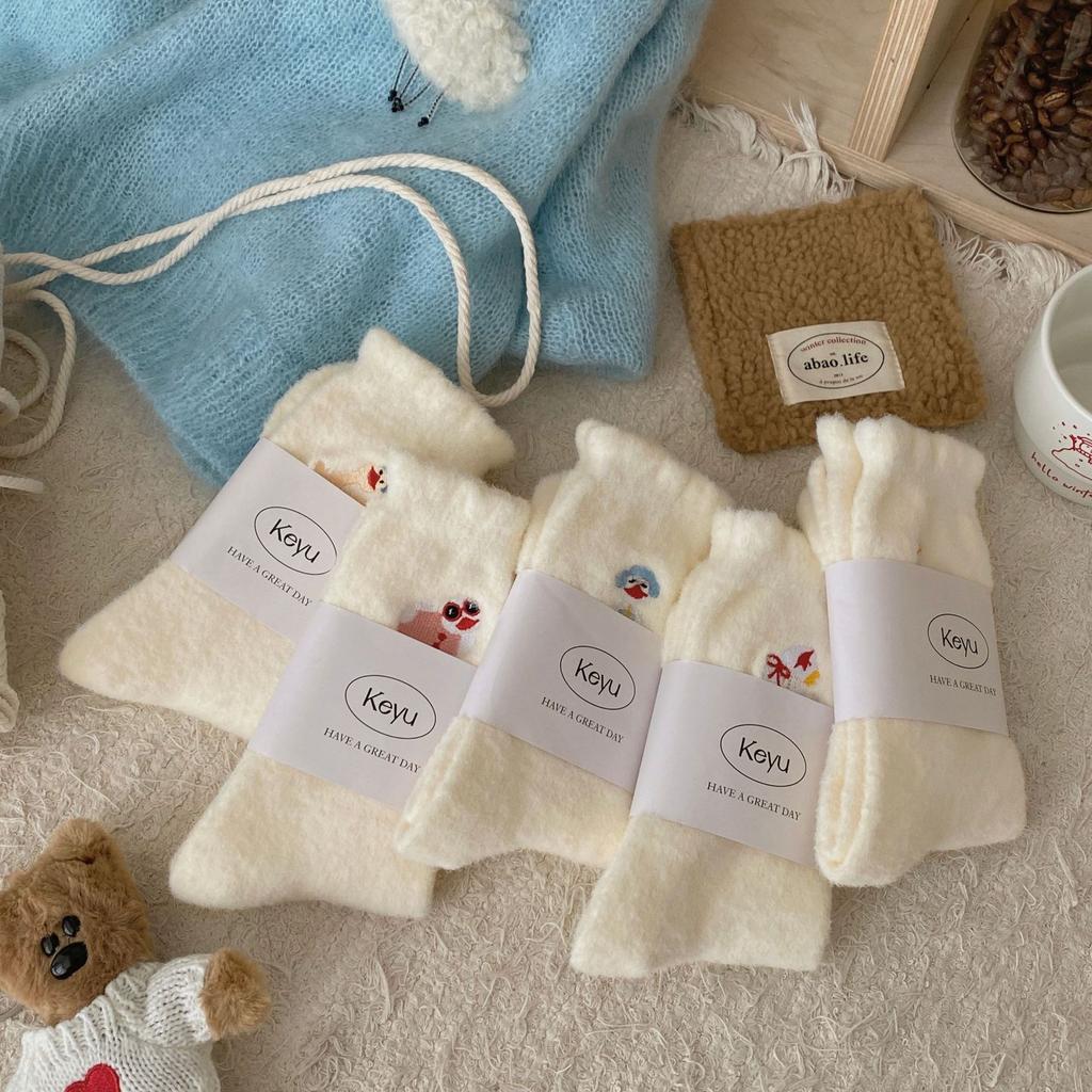 Australian Fleece Socks Winter Women'S Warm Heat Storage Plush Thickened Home Cute Mid-Leg Socks Embroidered Goose Feather Socks