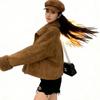 Retro Coffee Lamb Wool Jacket with Fur Lining – Trendy, Warm Top for Petite Sizes
