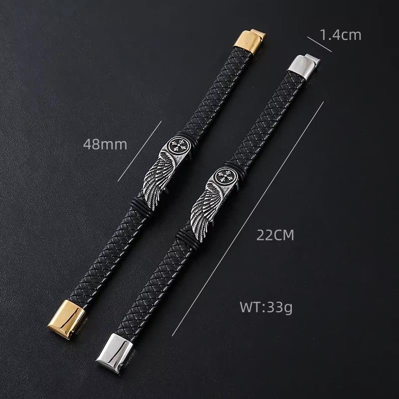 Punk Vintage Gothic Wing Leather Braided Stainless Steel Wristband Cuff Fashion Jewelry Bracelet Men Magnetic Clasp