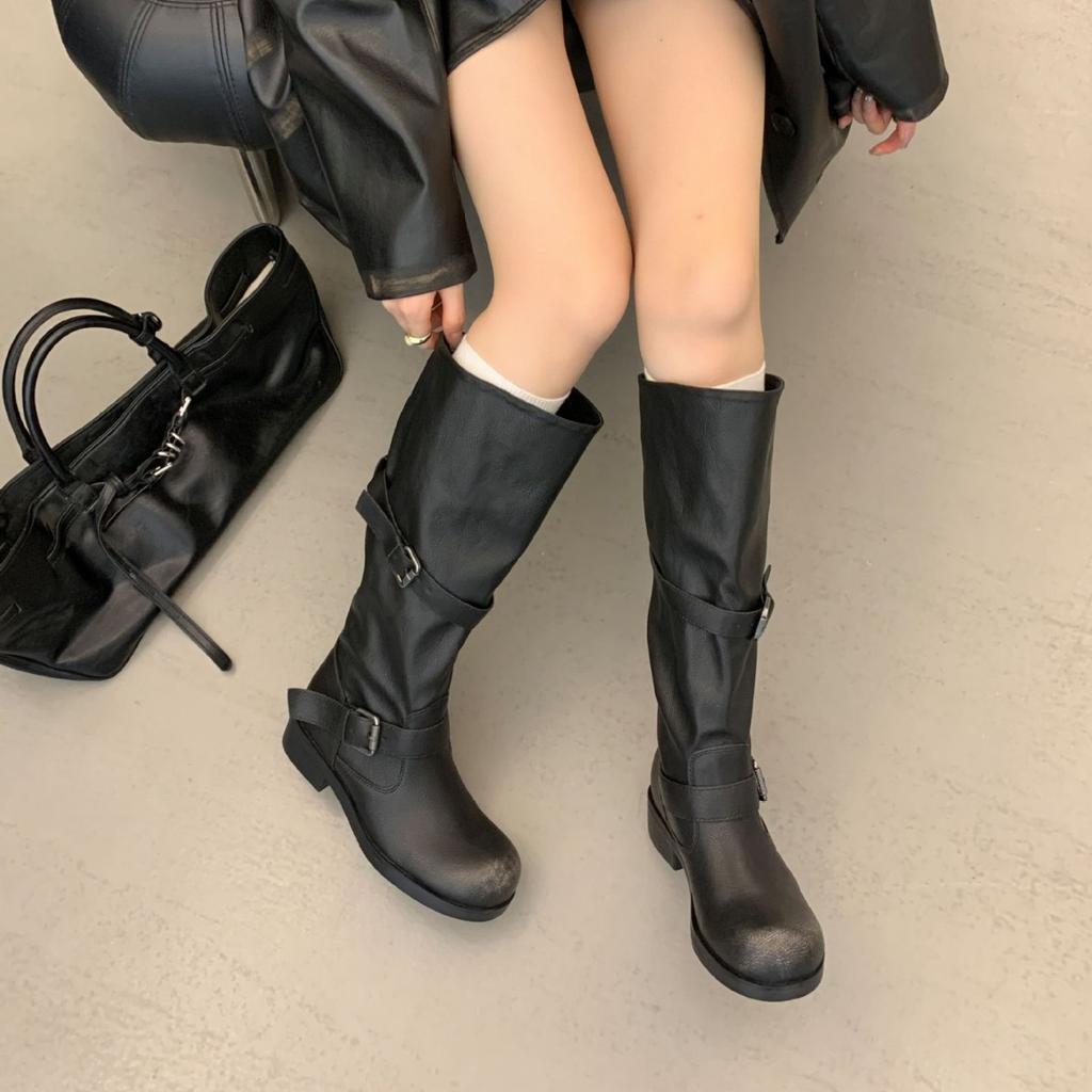 Belt Buckle Stack Boots Thick Heel 2025 Autumn and Winter Retro High Boots Korean Version Boots Niche Tooling Boots Women