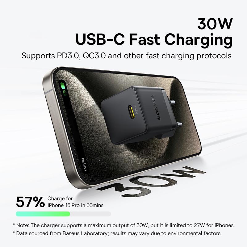 BASEUS Palm Fast Charger 30W Type-C Single Port EU Plug Wall Charging Adapter with 60W Type-C Cable