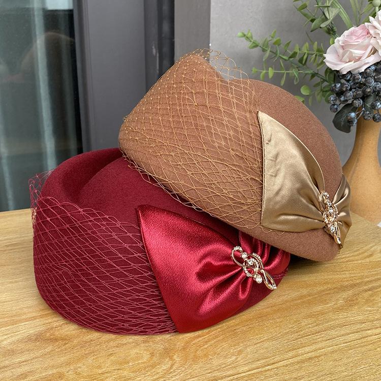 Damski wełniany kapelusz stylizacyjny, nowy brytyjski retro top hat z satynową kokardą, jesienno-zimowy kapelusz bud dla stewardessy