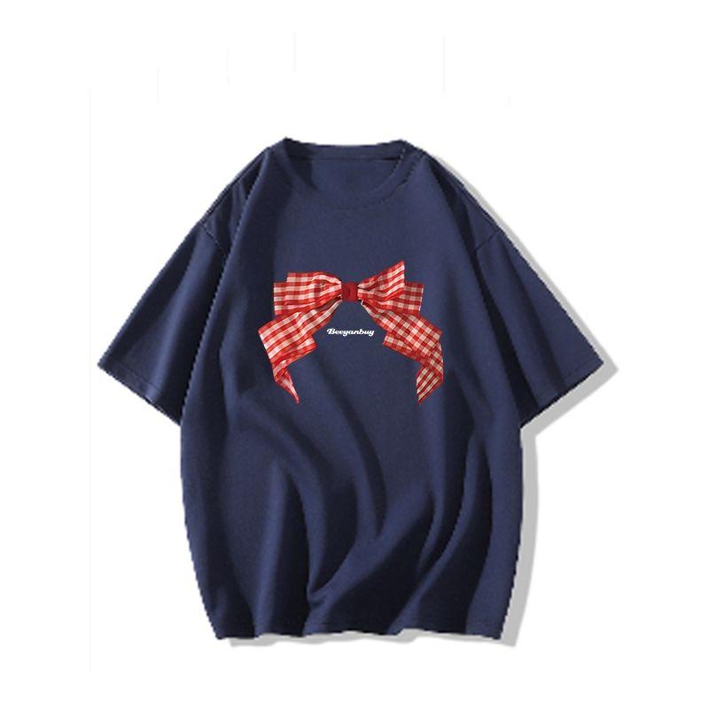 

Женская футболка с принтом «бант и клетка», в американском стиле, однотонная, с круглым вырезом, женские футболки, летний свободный повседневный пуловер, женский топ 2XL темно-синий