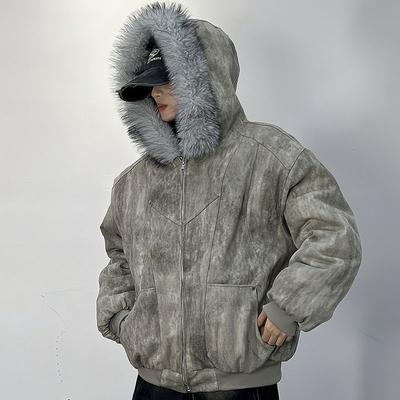 Men's Cotton Jacket with Fur Collar Embroidered and Tie-dyeed Winter Men's Outdoor Jacket Thick and Comfortable Jacket