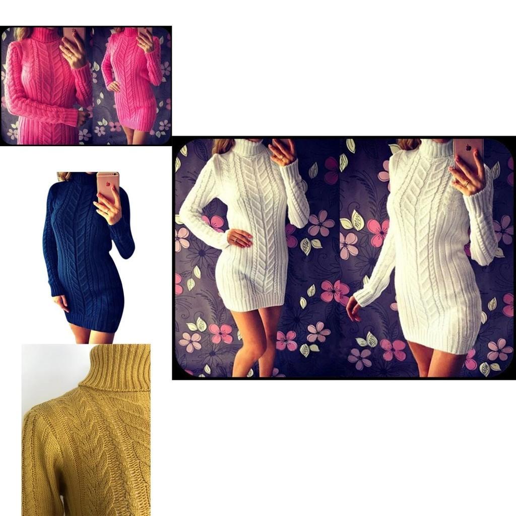 Vestito Sexy Autunnale e Invernale in Maglia Vestibilità Aderente e Collo Alto Design a Treccia