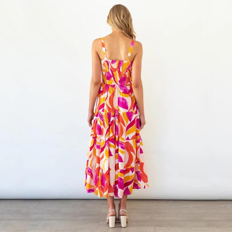 Vestido longo com estampa floral para mulheres, decote quadrado, cintura alta, sem mangas, vestido longo de verão, férias, praia, vestido respirável, fino, macio e confortável