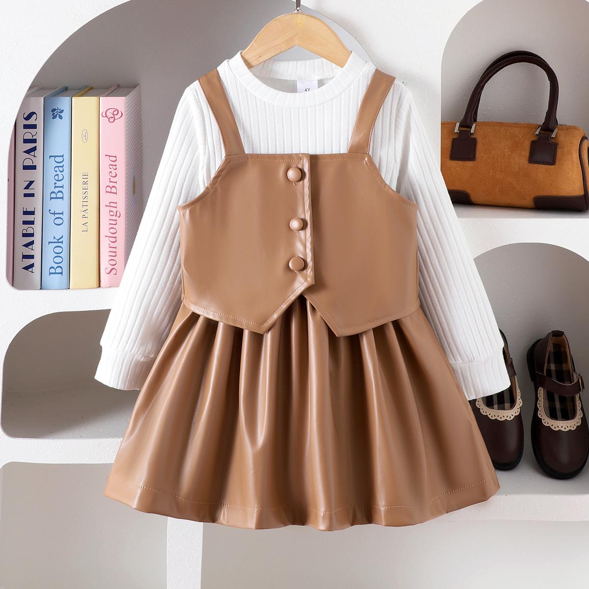 

New European & American Girls Clothing Set: White Long-Sleeved Base Layer, Vest & Skirt 7 Years білий/хакі