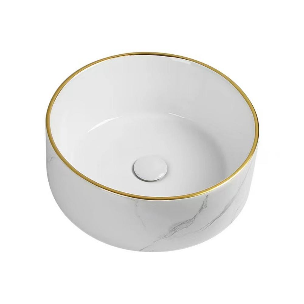 Marble patterned modern circular ceramic bathroom sink, freestanding washbasin, luxurious gold edged washbasin(excluding faucet)