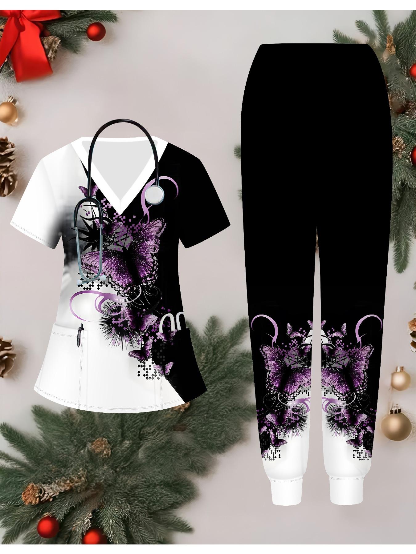 

3D Butterfly Flower Printed Women s Nurse Uniform Set Short Sleeve Long Pants with Pocket Casual Fashionable Christmas Gift XXL фіолетовий