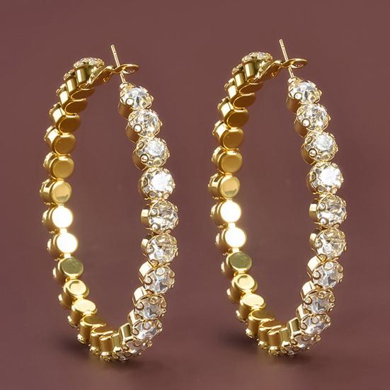 Yousheng 1 Pair C-shaped Earrings, Full Rhinestone C-Ring Design Stud Earrings, Bezel Setting Technology Hoop Earrings for Jewelry Gift