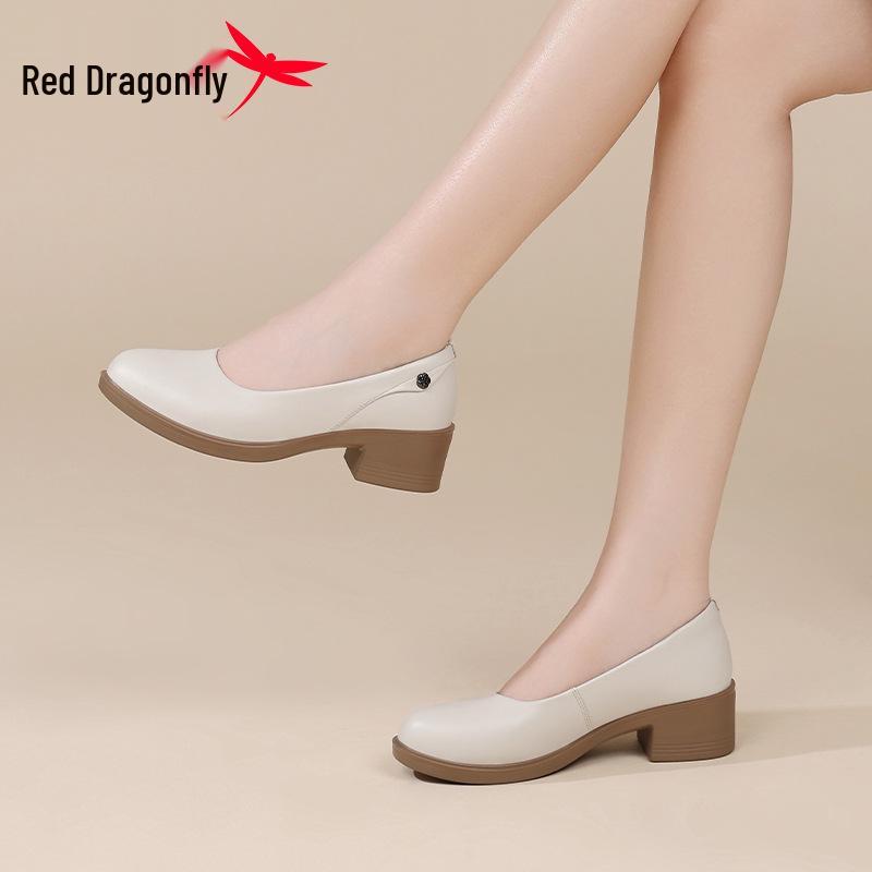 Red Dragonfly Spring 2026 Genuine Leather Women's Chunky Heel Loafers - Slip-on High Heel Work Shoes for Mothers