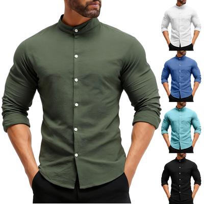 קרדיגן גברים קז'ואל בצבע אחיד עם צווארון עומד וכפתורים חולצת כותנה קז'ואל לגברים עם שרוולים ארוכים