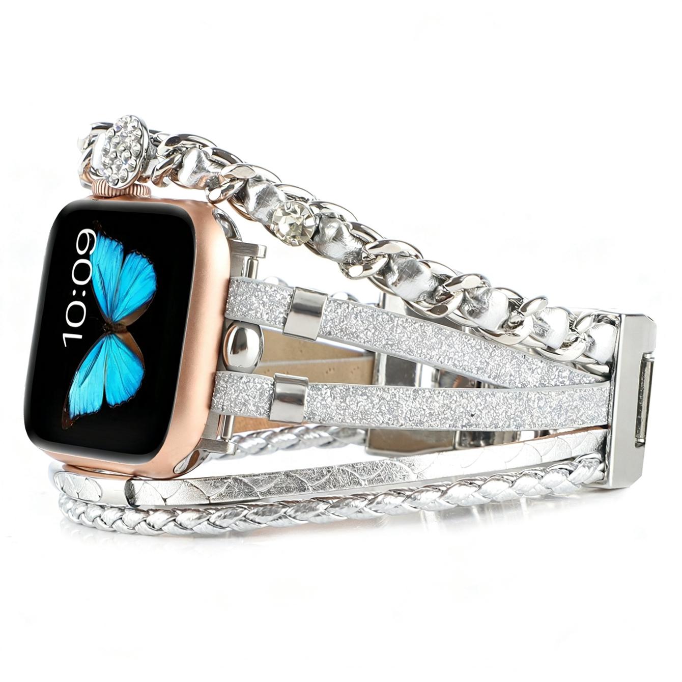 

Bling Metal bracelet For Apple Watch band leather loop women series S11 10 9 8 40mm 41mm 38mm 42mm 44mm 45mm 46mm Strap 38mm40mm41mm серебряный