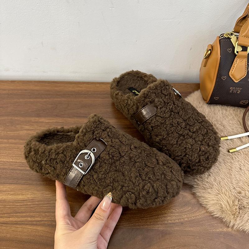 Luxury Furry Lambswool Slippers Woman Cover Toe Mules Shoes Winter Slip On Sliders House Pantuflas Mujer Curly Wool Fur Loafers