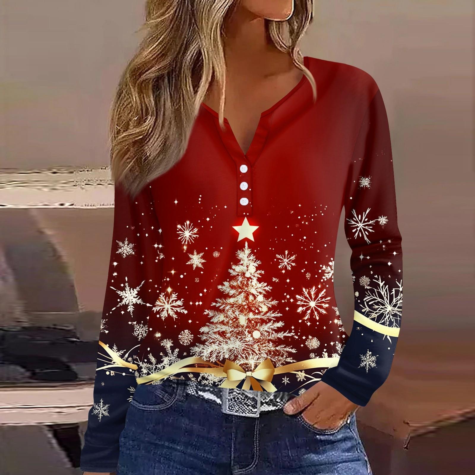 Женская футболка с рождественским принтом на пуговицах с длинным рукавом — фото 6