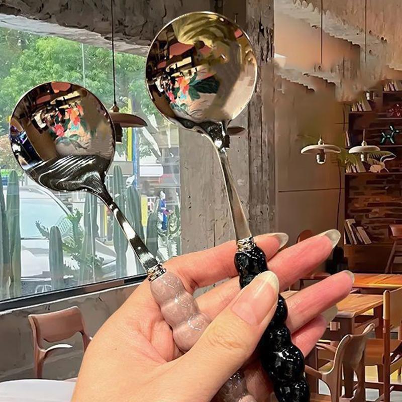 Stainless Steel Round Spoon Net Red Golden Dinner Long Handle Stirring Dessert Spoons For Kitchen Accessories Gadgets