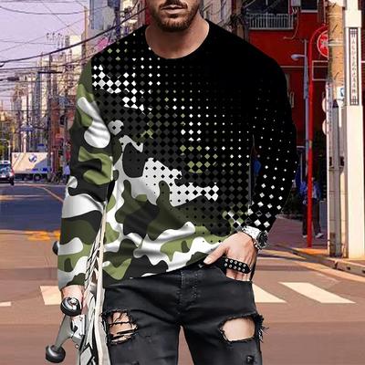 Camisetas de Hombre con Estampado de Manchas de Camuflaje 3D Nuevo Camisetas de Manga Larga Cuello Redondo Jersey Casual Ropa de Hombre Talla Grande