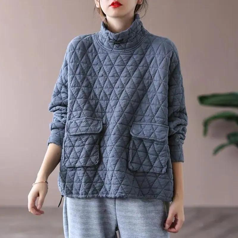

Винтажный ромбовидный клетчатый свитшот для женщин на зиму, свободный, приталенный, утолщенный, теплый пуловер L серый