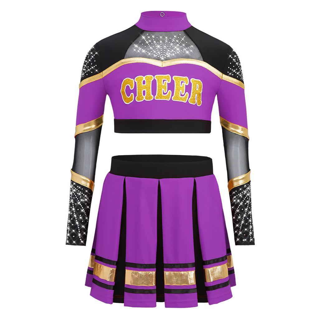 Bambina Ragazza Costume da Cheerleader 2 Pezzi Costume da Esibizione Manica Lunga Patchwork in Rete Trasparente Strass Color Block Crop Top con Gonna Pieghettata