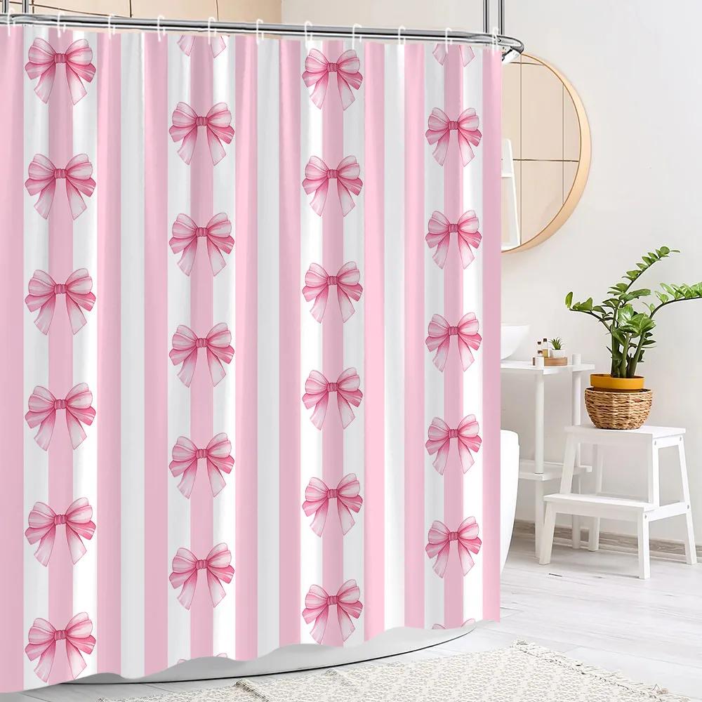Pink Cute Bow Shower Curtain Fashion Stripe Plaid Girls' Holiday Gift Polyester Fabric Shower Curtains Bathroom Decor With Hooks
