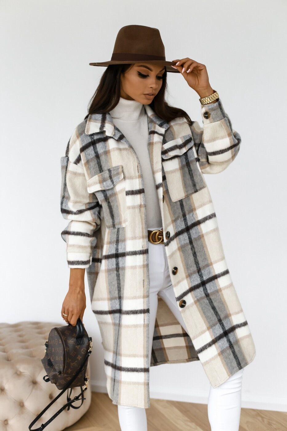 Popular Spring and Autumn New Women s Clothing Long Sleeve Plaid Printing Medium and Long Shirt Jacket Top S